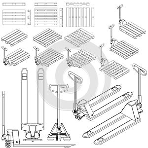 Hand fork lift truck and pallet isometric outline drawing