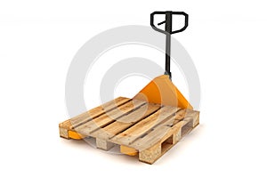 Hand forklift with wooden pallets.