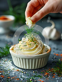 Hand Garnishing Creamy Mashed Potatoes with Fresh Dill in Ceramic Bowl on Dark Kitchen Table photo