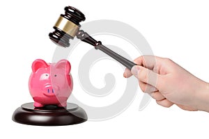 Hand with gavel beats on a piggy bank