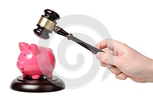 Hand with gavel beats on a piggy bank