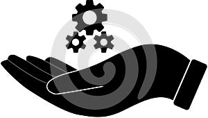 Hand with Gear, service sign, Mechanic gear service, Setting and support sign, hand with cogwheels, Technical support symbol