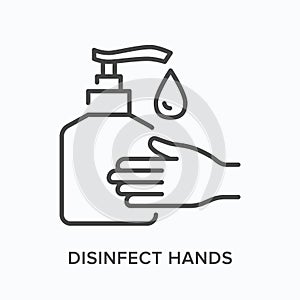 Hand gel flat line icon. Vector outline illustration of antibacterial soap in bottle. Disinfect hands thin linear