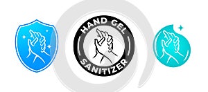 Hand gel sanitizer vector label water drop, shield and hand logo. Hand sanitizer icon for healthy safe product package tag