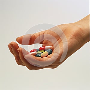 A hand gently cradles a variety of colorful pills and capsules, a universal symbol for health management