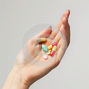 A hand gently cradles a variety of colorful pills and capsules, a universal symbol for health management