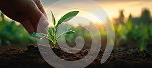 The hand gently nurturing a young plant in rich soil at sunset. AI generated image