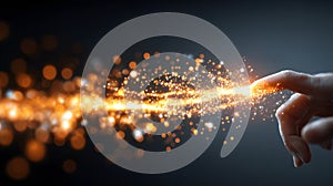 Hand Touching Sparkling Light Particles Creating Magic Effect in Dark Background