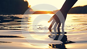 Hand Gently Touches The Surface Of The Water In The Pond At The Golden Sunset