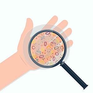 Hand germs under magnifier glass