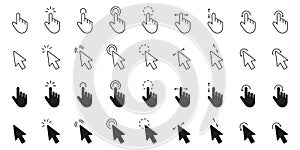 Hand Gesture Click And Cursor Icons Line And Solid Icon Set. Pointer And Tap Symbol Collection. Isolated Vector