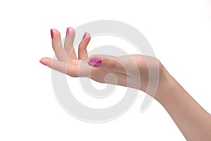 Hand gesture. Close-up of female hand gesturing while isolated o