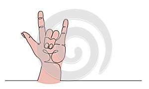 Hand gesture, coolness and rock symbol or sign. One continuous line art drawing vector illustration of arm cool gesture