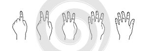 Hand Gesture, Counting one two three four five, Line Art Illustration, Isolated on White Background