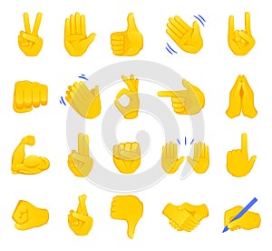 Hand gesture emojis icons collection. Handshake, biceps, applause, thumb, peace, rock on, ok, folder hands gesturing. Set of diffe photo