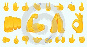 Hand gesture emojis icons collection. Handshake, biceps, applause, thumb, peace, rock on, ok, folder hands gesturing. Set of diffe