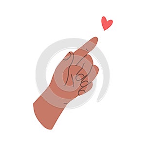 Hand gesture expressing love. Pointing finger and red heart. Vector flat illustration