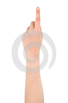 Hand gesture - forefinger, isolated on a white background. female palms indicate something, blank for your design, top view.