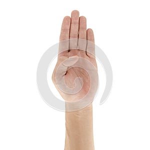 Hand gesture Four fingers up isolated on white background, Clipping path Included.