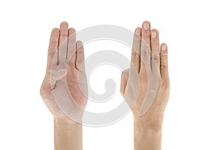 Hand gesture Four fingers up isolated on white background, Clipping path Included.