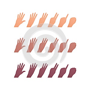Hand gesture icon collection. Vector flat multiracial llustration set. Caucasian, african american and indian ethnic. Finger