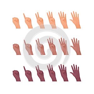 Hand gesture icon collection. Vector flat multiracial llustration set. Caucasian, african american and indian ethnic. Finger count