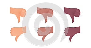 Hand gesture icon collection. Vector flat multiracial llustration set. Caucasian, african american thumbs down finger dislike sign