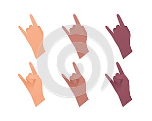 Hand gesture icon collection. Vector flat multiracial llustration set. Rock and roll arm sign. Caucasian, african american and