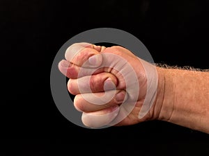 Hand gesture isolated on black background. The combination of three fingers. Hand shows thumb. Offensive sign Dulia. Concept: