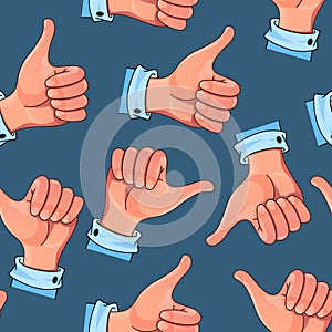 Hand gesture like in cartoon style. Colorful seamless pattern