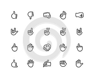 Hand gesture linear icons set. Point out, cool, approve, hello, heavy metal, thumbs up, fist, direction point symbols