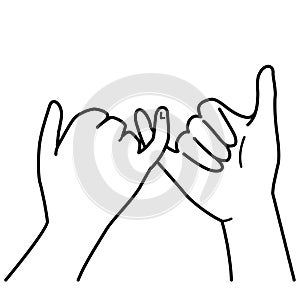 Hand gesture, linking little fingers, meaning `promise` in Japan, monochrome illustration