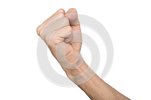 Hand gesture, man clenched fist, ready to punch isolated on white