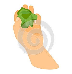 Hand gesture with money paper at background, isolated on white vector illustration. Crushed one hundred wealth flat