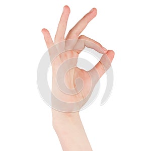 Hand gesture - okay, isolated on a white background. female palms indicate something, blank for your design.