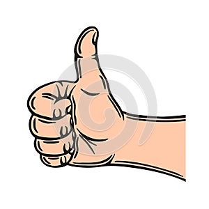 Hand gesture. Okey sign. Thumb up. Colorful vector illustration. Isolated on white background. Design element. Template for your