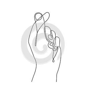 Hand gesture, one line art, continuous contour drawing, hand-drawn. flick fingers, snap sign. Symbol image of heart, emblem of