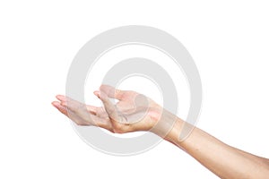 Hand gesture open up seem like a holding something empty isolated on white background. Clipping path.