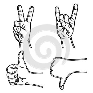 Hand gesture. Outline silhouette. Design element. Vector illustration isolated on white background. Template for books, stickers,