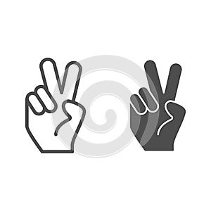 Hand gesture peace line and glyph icon. Hand with two fingers up vector illustration isolated on white. Peace sign