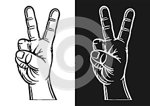 Hand gesture. Peace sign. Outline silhouette. Design element. Vector illustration isolated on white background. Template for books