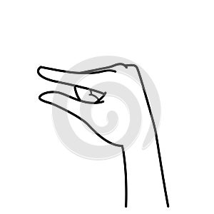 Hand gesture, pinch in, holding something, monochrome line illustration