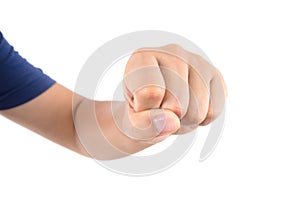 A hand gesture of punching in front of white background