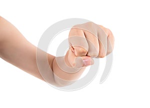 A hand gesture of punching in front of white background