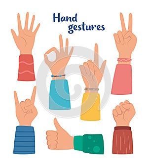 Hand gesture set. human hands showing thumbs up, pointing and greeting, OK. Various hand symbols. Interactive communication set.