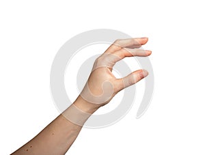 Hand gesture, thumb and index finger showing something small, little, isolated on white