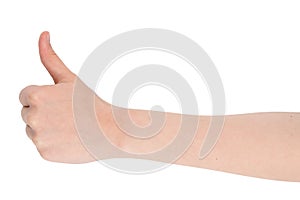 Hand gesture - thumbs up, isolated on a white background. female palms indicate something, blank for your design.