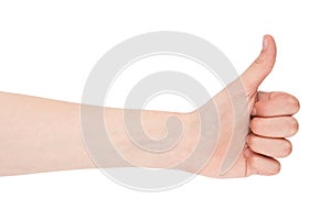 Hand gesture - thumbs up, isolated on a white background. female palms indicate something, blank for your design.