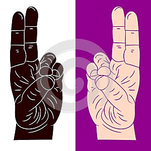 Hand gesture, two fingers together, yoga mudra on white and on a purple background