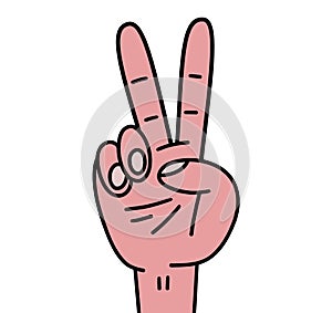 Hand gesture V sign for victory or peace icon. Doodle cartoon style. Isolated vector illustration on white